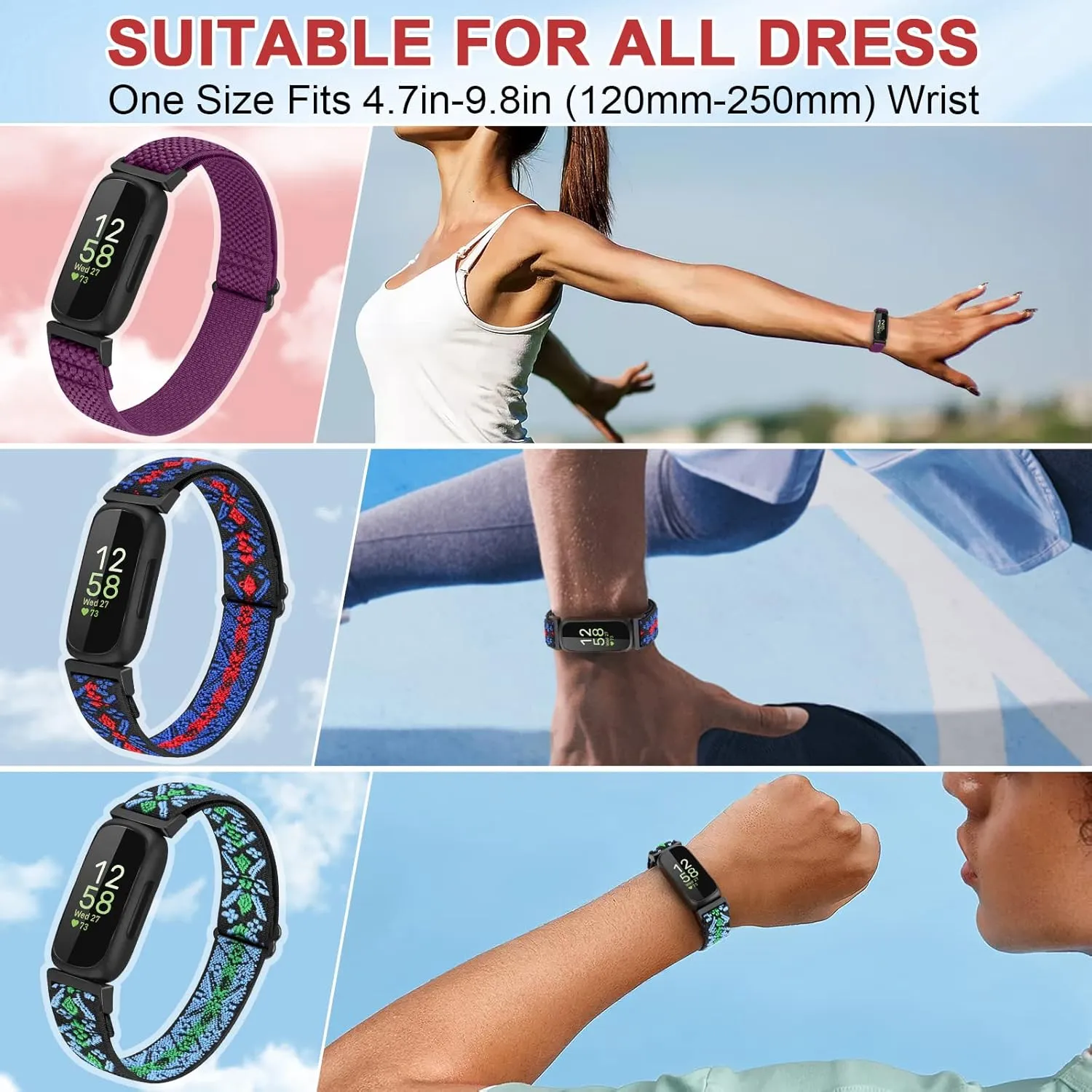 4 Pack Bands Compatible with Fitbit Inspire 3/Inspire 2/Inspire/Inspire HR/Ace 3/Ace 2 Band, Elastic Adjustable Nylon Loop Straps Replacement Sport Stretchy Wristband for Women Men
