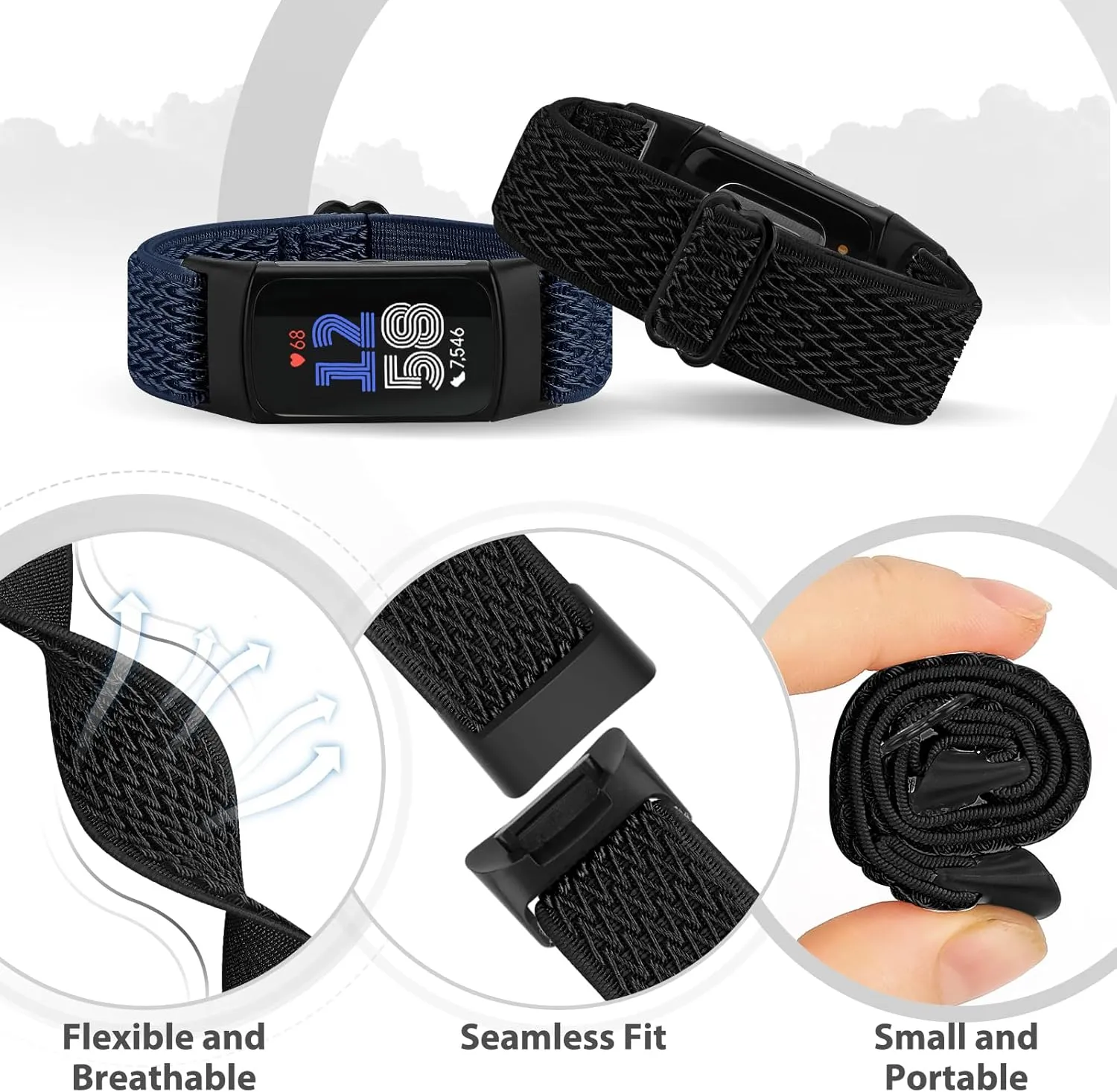 5 Pack Elastic Nylon Watch Bands Compatible for Fitbit Charge 6/Fitbit Charge 5, Adjustable Breathable Replacement Stretchy Nylon Loop Wristband Sport Strap for Women Men