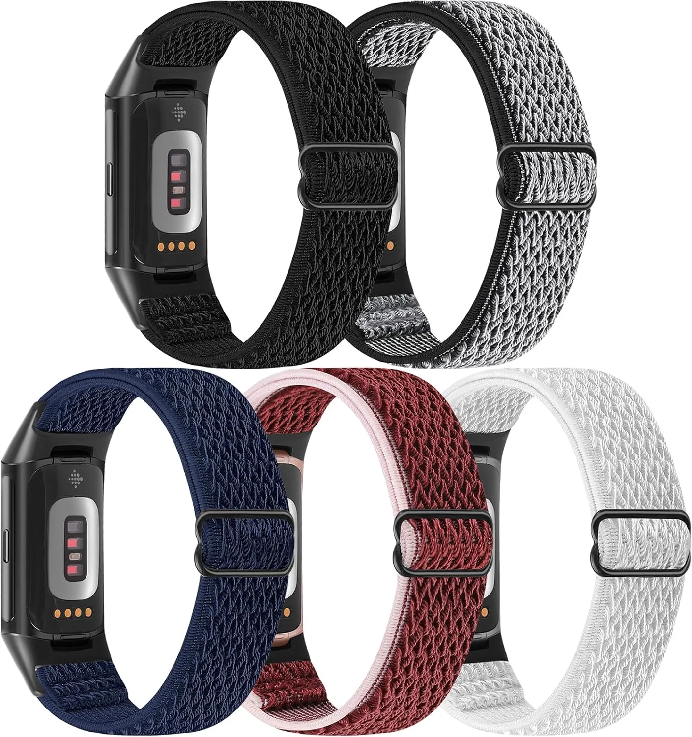 5 Pack Elastic Nylon Watch Bands Compatible for Fitbit Charge 6/Fitbit Charge 5, Adjustable Breathable Replacement Stretchy Nylon Loop Wristband Sport Strap for Women Men