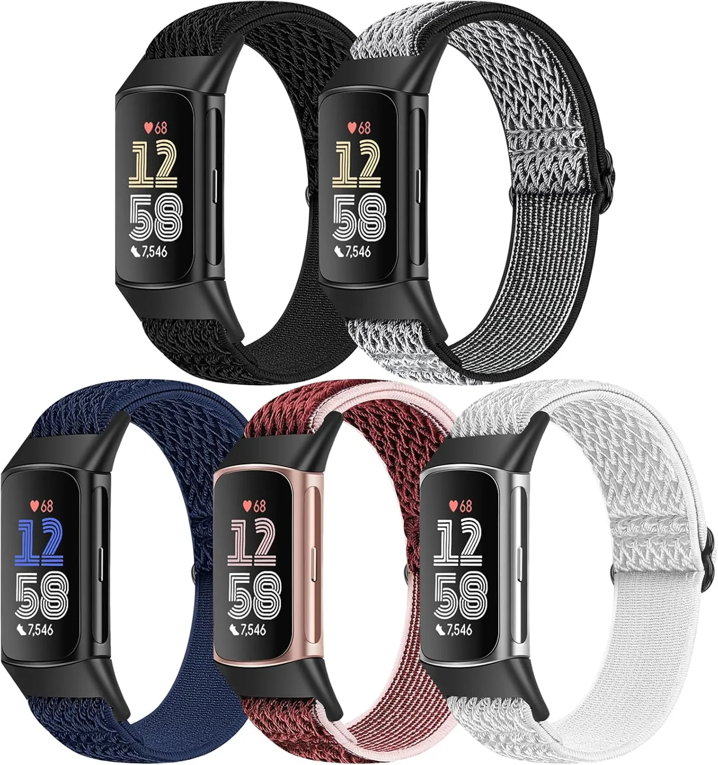 5 Pack Elastic Nylon Watch Bands Compatible for Fitbit Charge 6/Fitbit Charge 5, Adjustable Breathable Replacement Stretchy Nylon Loop Wristband Sport Strap for Women Men