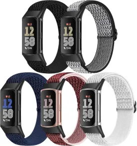 5 Pack Elastic Nylon Watch Bands Compatible for Fitbit Charge 6/Fitbit Charge 5, Adjustable Breathable Replacement Stretchy Nylon Loop Wristband Sport Strap for Women Men