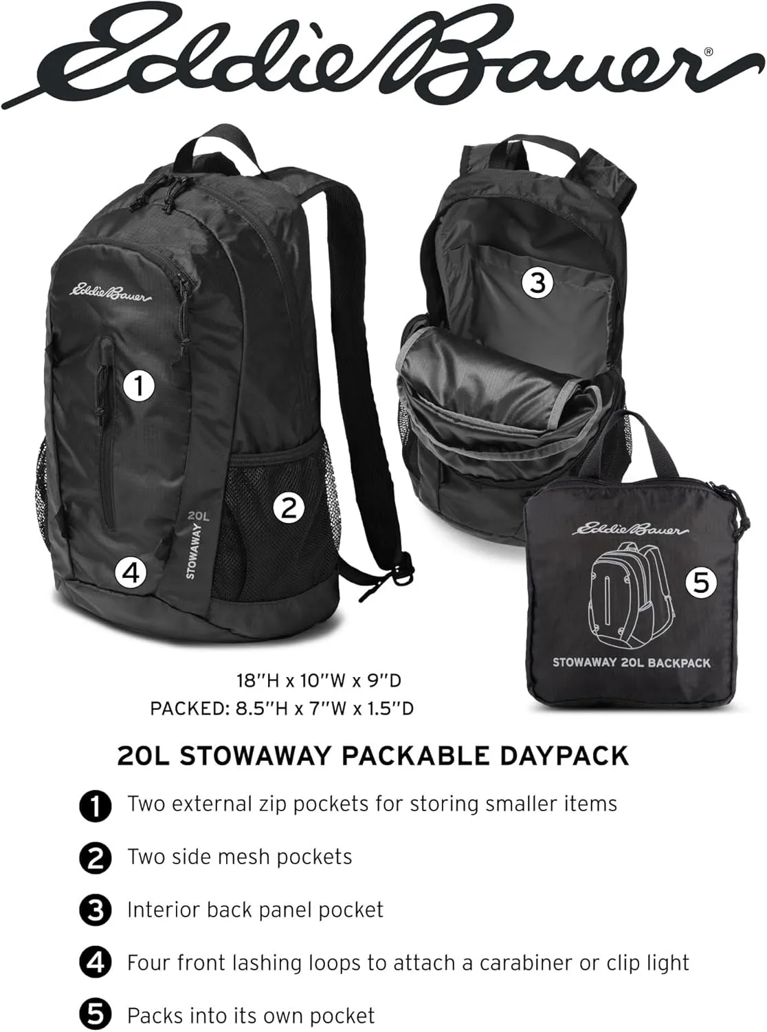 Eddie Bauer Stowaway Packable Backpack-Made from Ripstop Polyester, Coast Blue, 20L