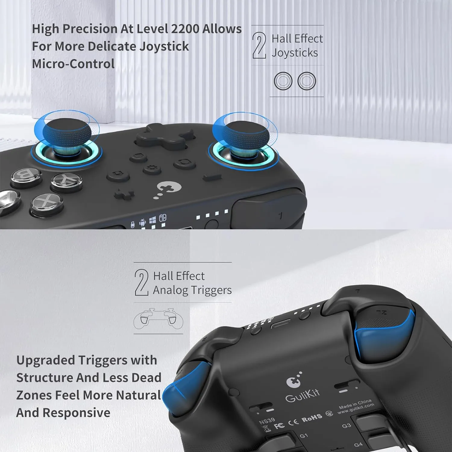 Gulikit KK3 Max Controller, Kingkong 3 Controller, Nintendo Switch Controller with Hall effect Joysticks and Triggers, 1000Hz Wireless Polling Rate, 4 Back Button, Compatible with Switch/Switch OLED