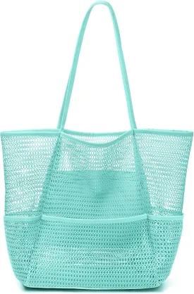 KPX Beach Bag with Mini Pocket, Beach Tote Bags for Women Large Foldable Mesh Swimming Pool Travel Bags - Sandproof