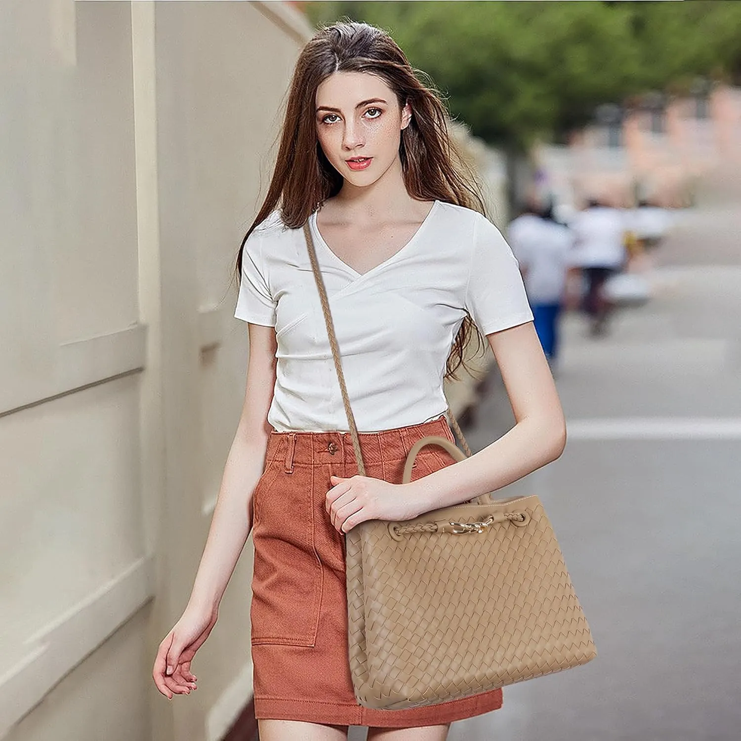 Woven Tote Bag for Women Crossbody Handbag,Vegan Leather Large Tote Purse,Trendy Satchel Handbag Bowknot Shoulder Bag