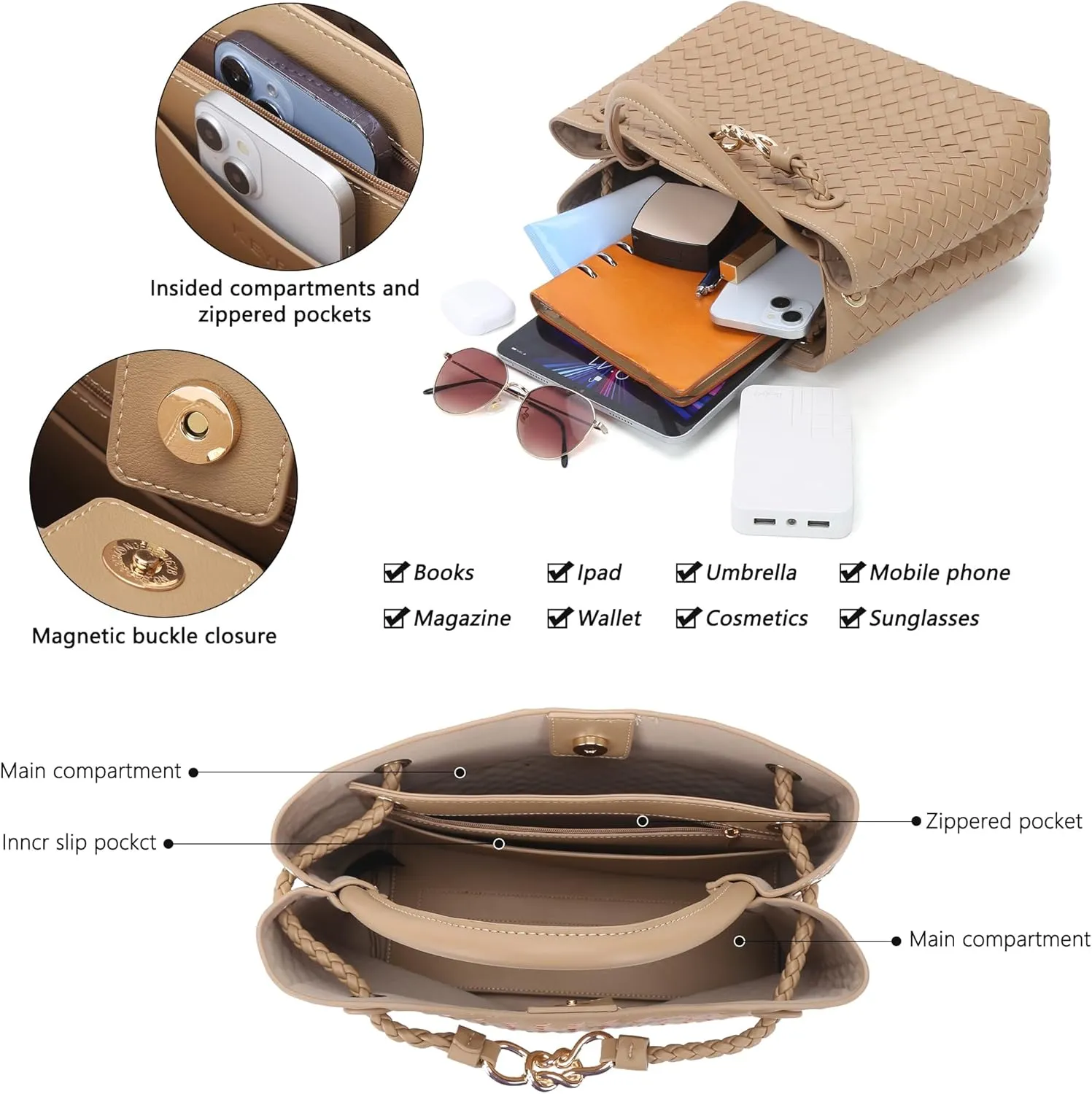 Woven Tote Bag for Women Crossbody Handbag,Vegan Leather Large Tote Purse,Trendy Satchel Handbag Bowknot Shoulder Bag