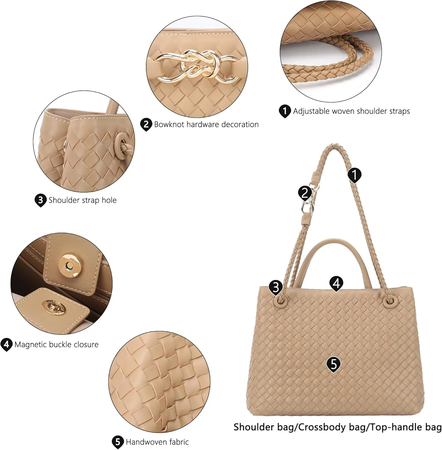 Woven Tote Bag for Women Crossbody Handbag,Vegan Leather Large Tote Purse,Trendy Satchel Handbag Bowknot Shoulder Bag